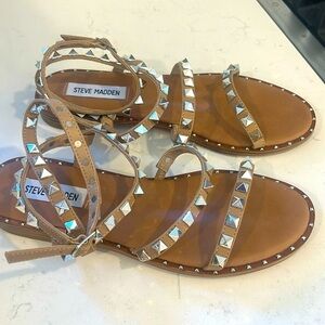 Steve Madden Tan Studded Leather Ankle-Strap Sandals